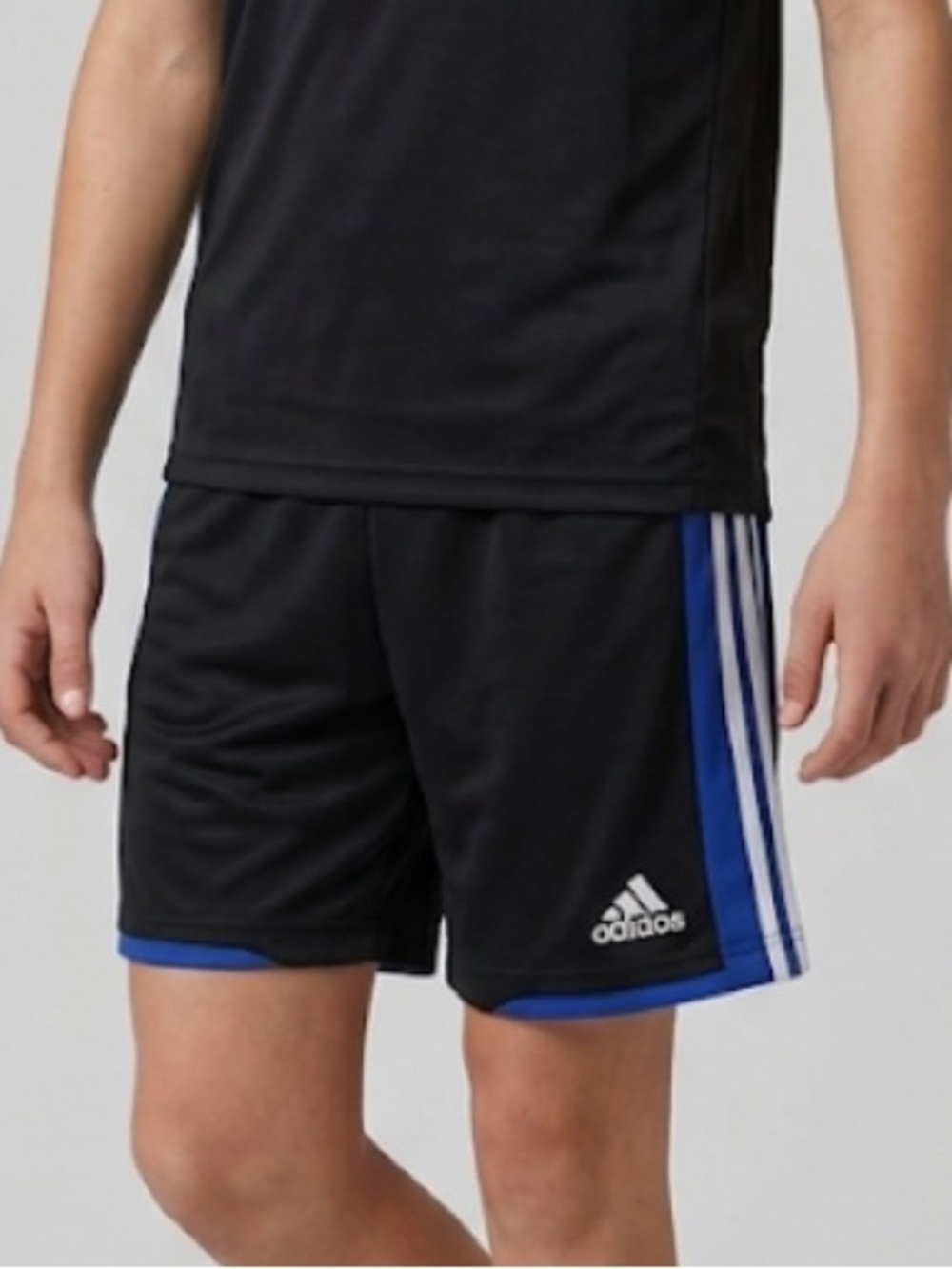 Adidas Climalite Boys Shorts Size XL Black Blue White 3-Stripe Athletic Soccer